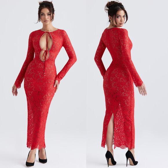 House of CB Lisandra Lace Maxi Dress Red Trim Cutout Long Sleeve‎ Large NWT - Picture 1 of 13